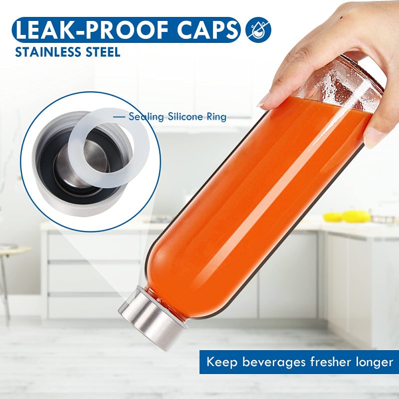 YEBODA Glass Water Bottles 18oz Bottles For Beverage and Juicer Use Stainless Steel Caps - Including Colorful Nylon Protection Sleeve,Pack Of 6 - Image 4